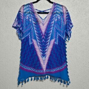 INC Womens Blue Geometric Sheer Tassel Poncho Top Size PM Boho Festival Colorful